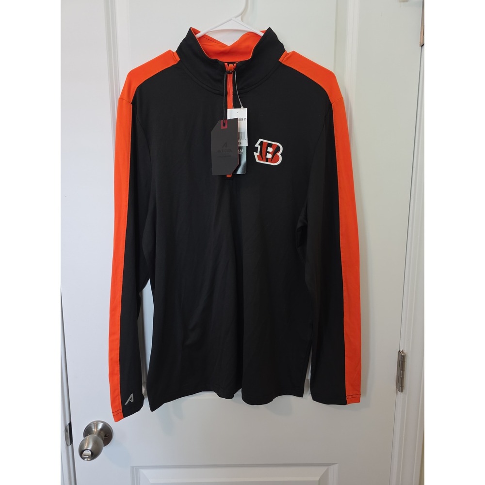 Antigua NFL Cincinnati Bengals Mens Medium Black Orange Quarter Zip Pullover NWT